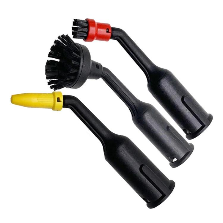 Set of three steam cleaner crevice brush nozzles with black handles and colored collars