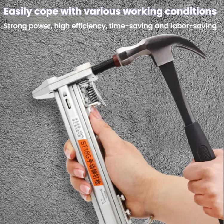 Handheld nail gun tool with black rubber grip and long metal body
