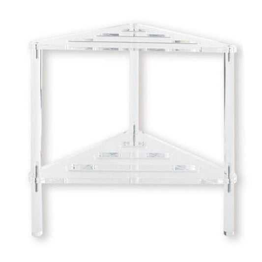 Triangular acrylic shower bracket with two open shelves and clear support legs