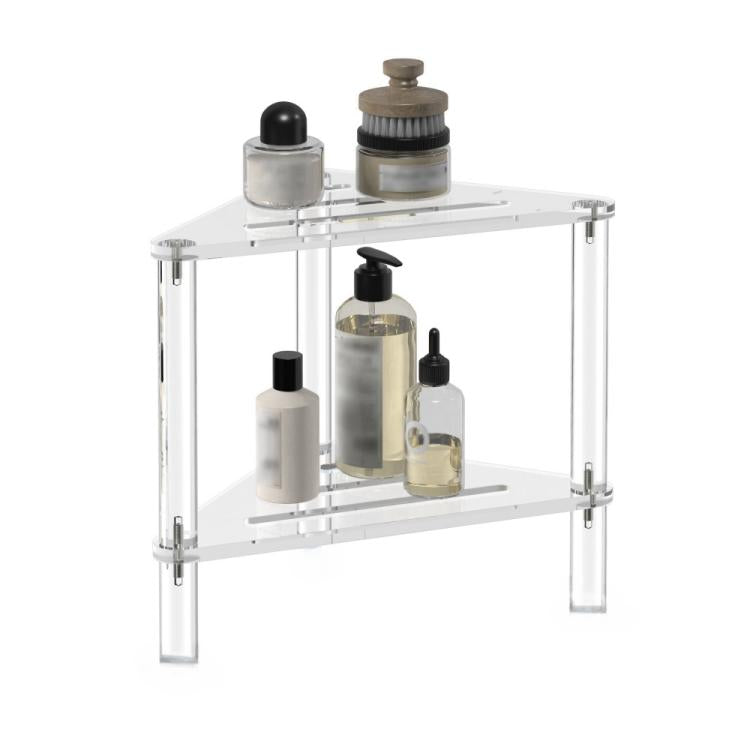 Triangular acrylic shower bracket holding bottles on two clear shelves