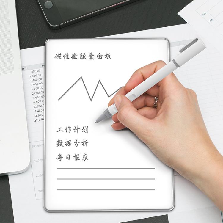 Magnetic whiteboard drawing board with chart lines and hand holding a gray pen