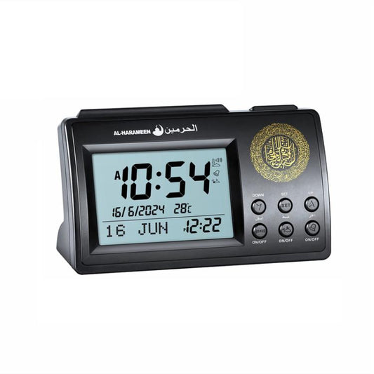 Black AL-HARAMEEN digital desk clock with large time and date display