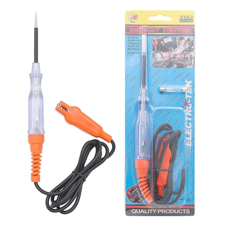 Car circuit tester probe pen kit with orange clip lead and blister packaging