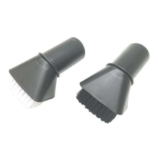 Vacuum soft brush nozzle attachment set, showing two angled heads with dark and light bristles