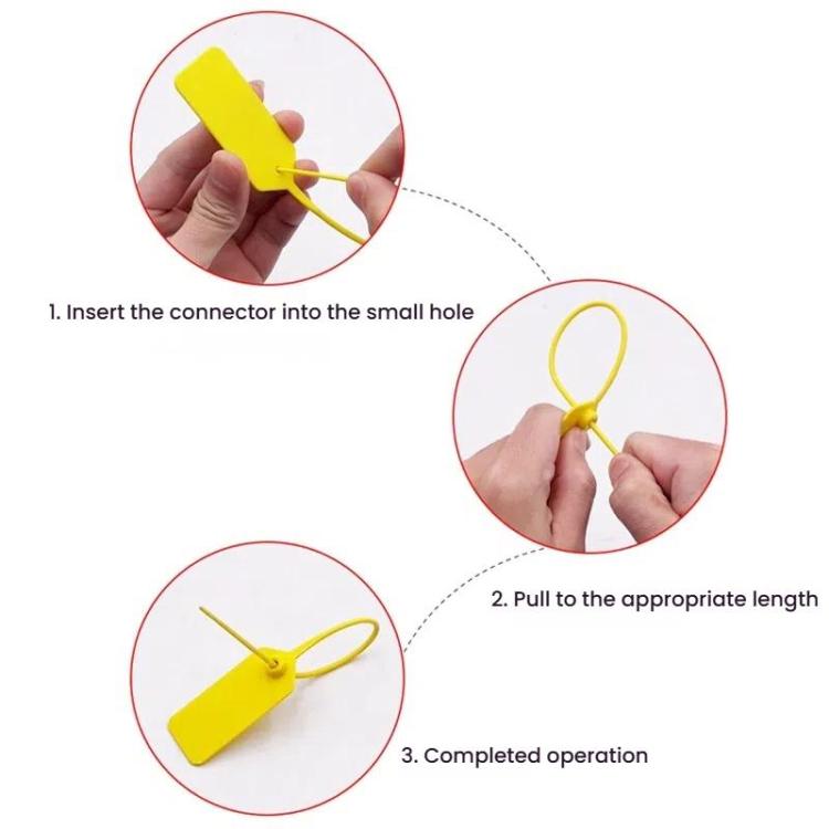 Hands fastening plastic anti-theft security seal tags by inserting the connector and pulling tight