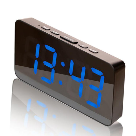Black LED digital alarm clock with black display and blue 7-segment time digits