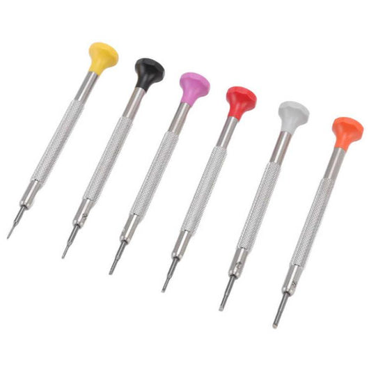 Set of six flathead watch screwdrivers with colored plastic caps and metal shafts
