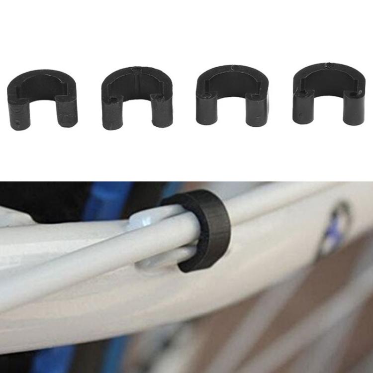 Black plastic C-clip cable clamp installed on bicycle cable housing
