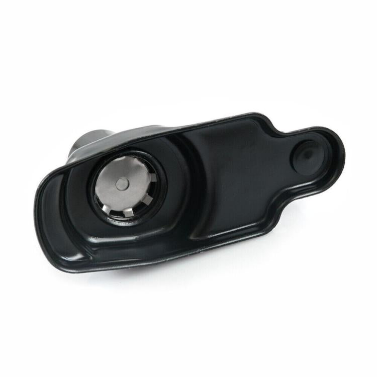 Spare tire bracket with black cover, circular socket insert, and metal mounting pin
