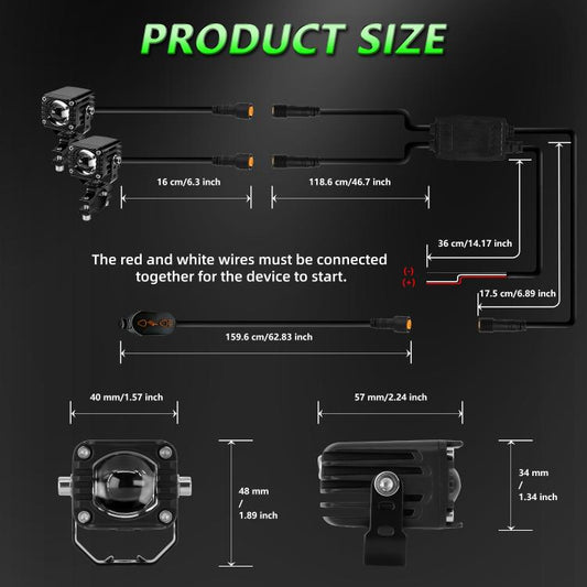 Motorcycle spotlight product size diagram with dimensions and mounting measurements