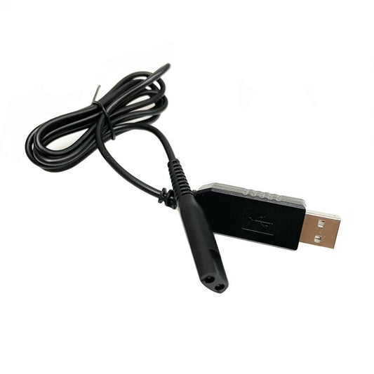 Black USB charging cable with USB-A plug and cylindrical two-pin connector