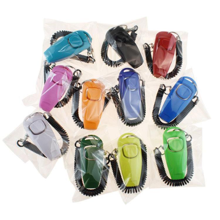 2-in-1 pet training clicker and dog whistle with long wristband, assorted colors