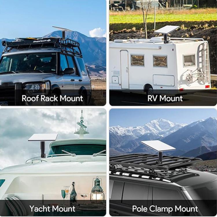 Roof rack mount adapter displayed for use on vehicle, RV, yacht, and pole installs