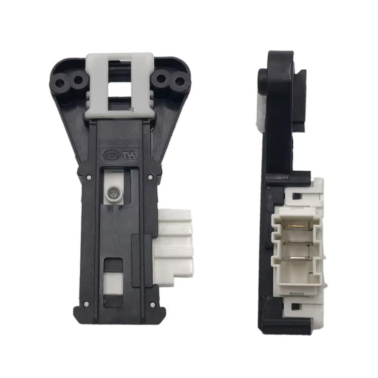 Washer door lock replacement, black housing with latch and white connector terminals