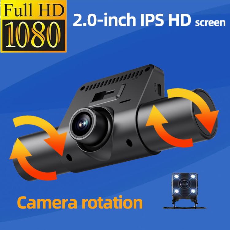 Car dash camera with rotating lens and 2.0-inch screen, black