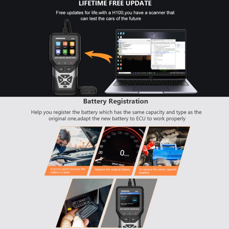 Compact handheld scanner with screen, keypad, and OBD cable for battery registration