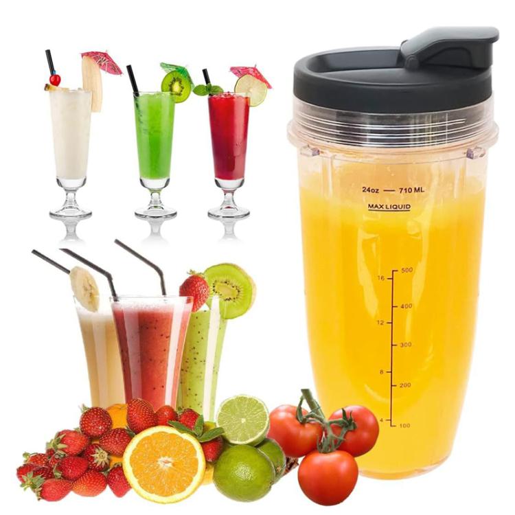 Clear blender cup with black lid and orange juice, shown with multiple smoothie glasses.