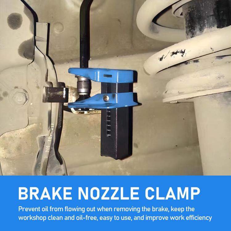 Blue brake nozzle clamp tool mounted on vehicle brake hose with black support block