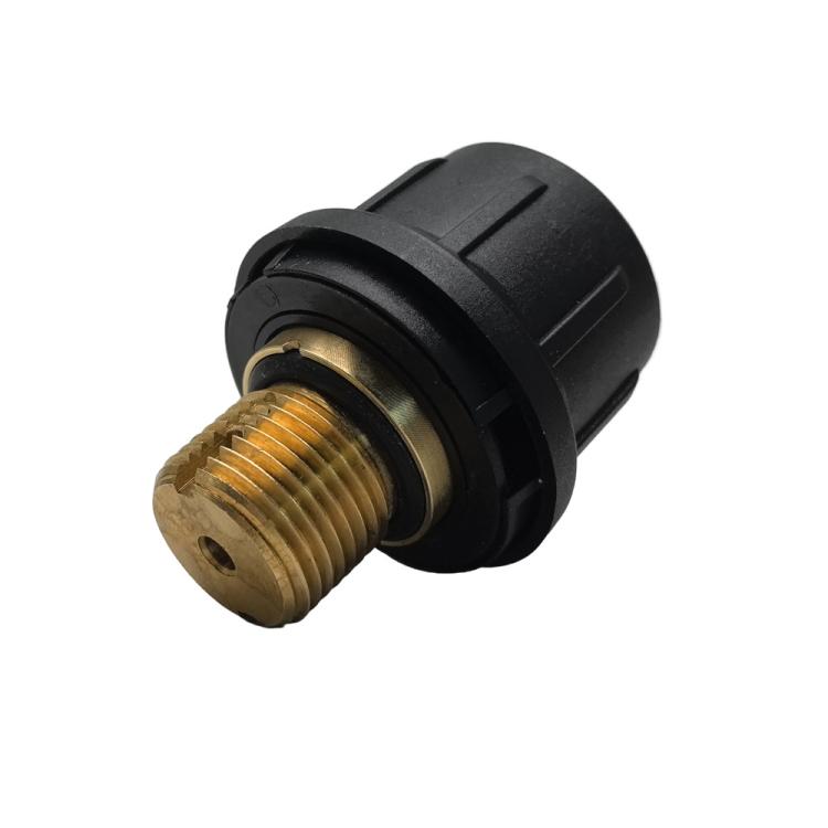 Steam cleaner safety valve cover with black cap and brass threaded outlet
