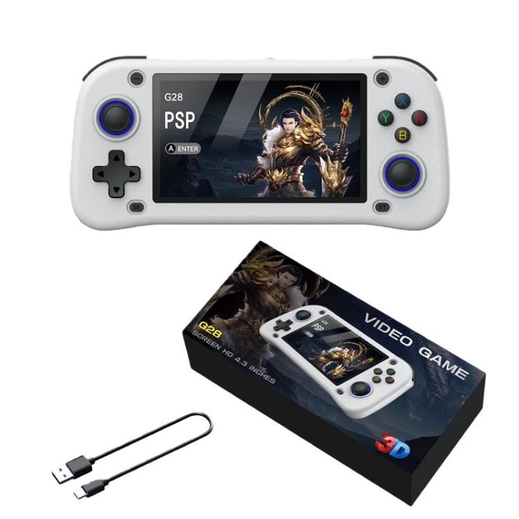 White handheld game console with 4.3-inch screen, controls, and USB charging cable