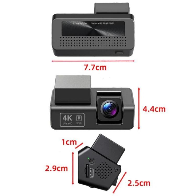 Screenless dash camera size diagram with front unit and rear module