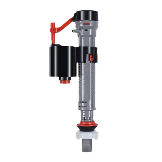 Toilet flush water inlet and drainage valve assembly, silver, black, with red accents