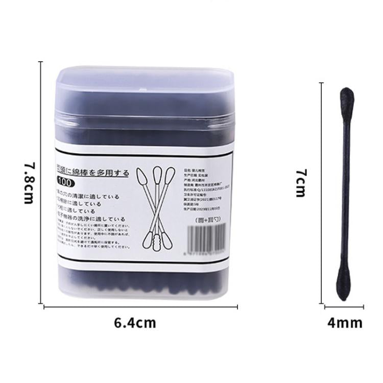 Disposable double-ended cotton ear swabs in a plastic container with black ear-pick tips
