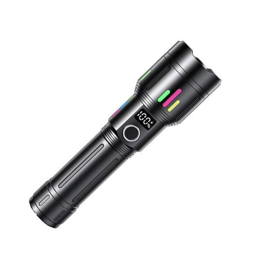 Black rechargeable flashlight with LCD display and multicolor light indicator bars