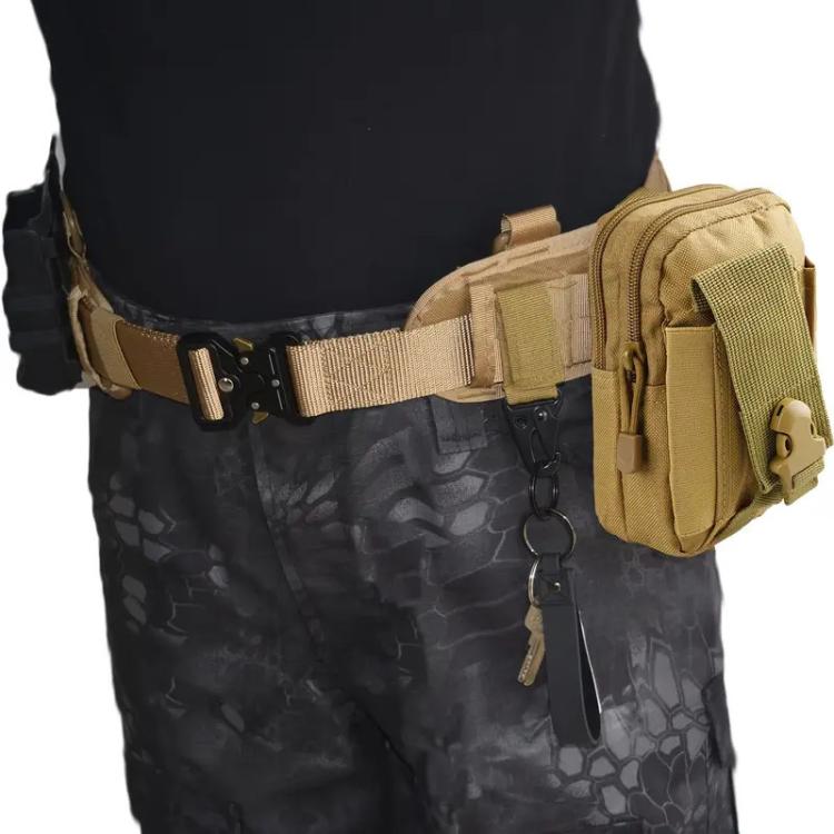 Khaki multi-pocket waist bag with zip front and adjustable web strap