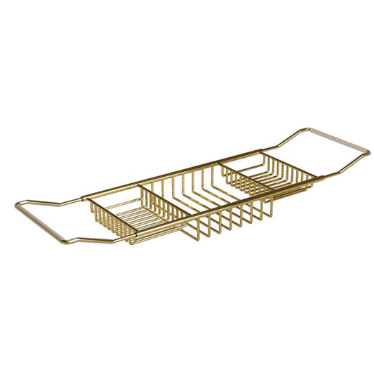 Gold stainless steel extendable bathtub caddy with three-tier organizer and side handles