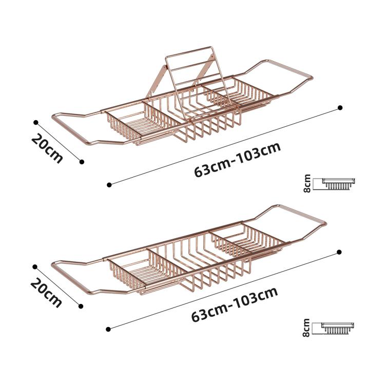 Rose gold extendable bathtub caddy shelf with tablet holder and side stand