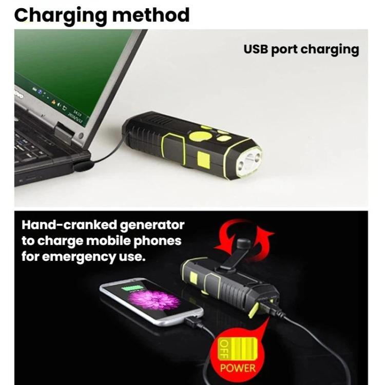 Emergency flashlight radio torch with USB charging port and hand-crank power for phones