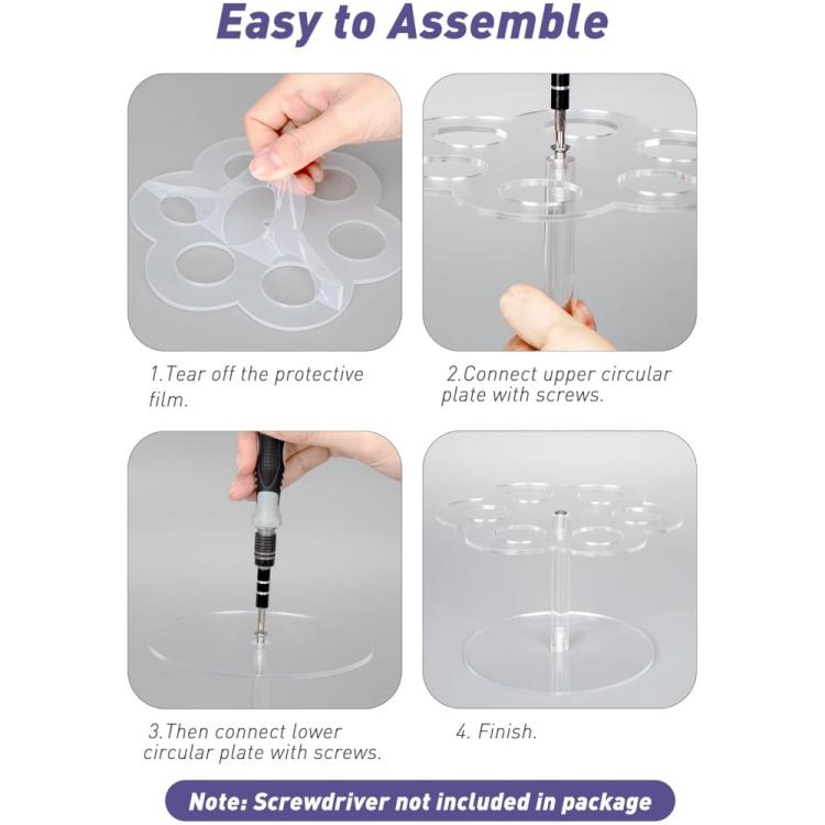 Clear acrylic 6-slot organizer with hands assembling top disc and central rod