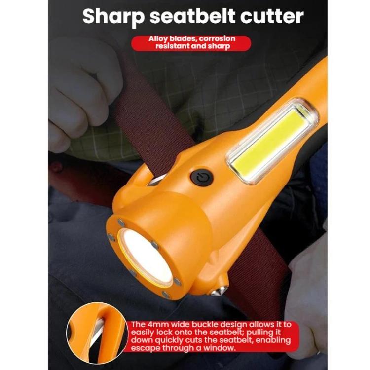 Orange emergency light with seatbelt cutter on the base and side COB lamp