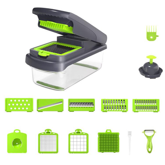 Vegetable chopper mandoline slicer with green guard and grating tray, gray body