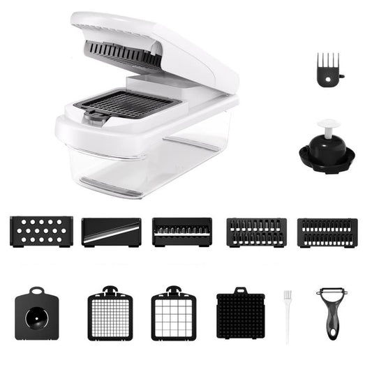 Vegetable chopper mandoline slicer with black grating tray and finger guard, white body