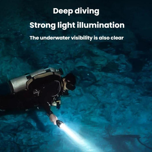 Diving flashlight shining bright beam underwater, with lanyard cord attached