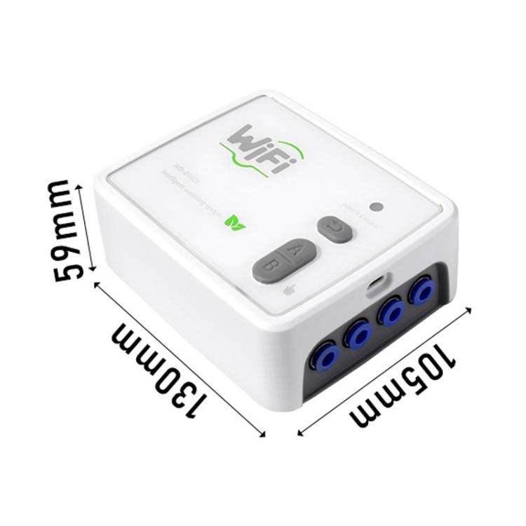 White WiFi dual-pump controller with size diagram and four blue port connections