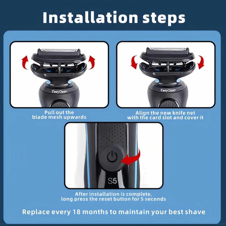Installation steps graphic showing shaver blade removal and replacement process