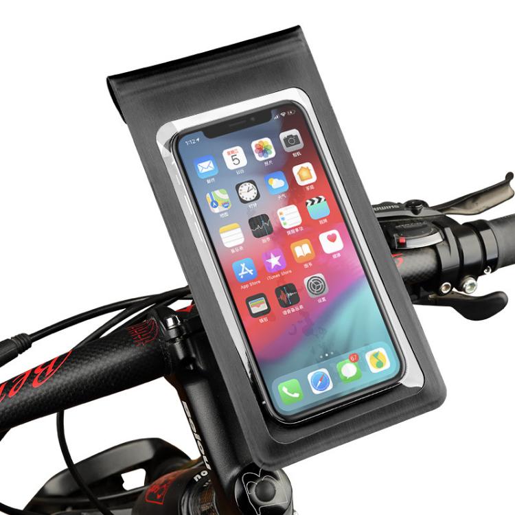 Waterproof phone holder case with clear window mounted on bicycle handlebars, black