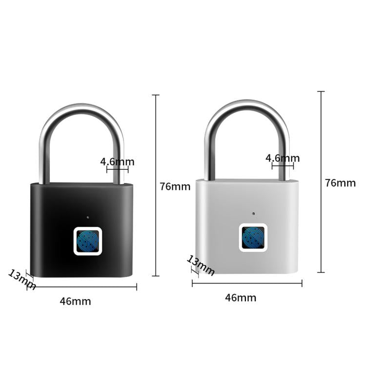 Fingerprint padlock size comparison of black and silver with U-shaped shackle