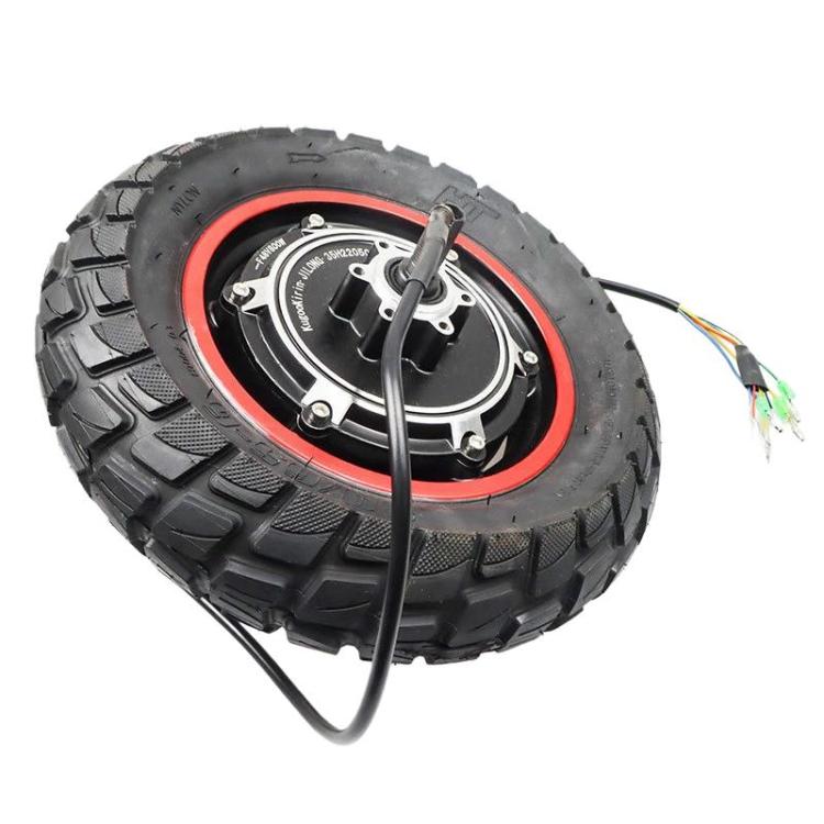 Inflatable off-road scooter rear wheel, black tread, red rim ring and attached cables