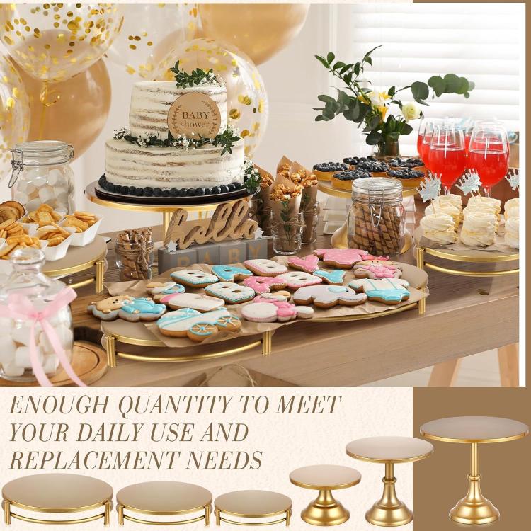 Gold dessert tray set with round serving plates on pedestal bases