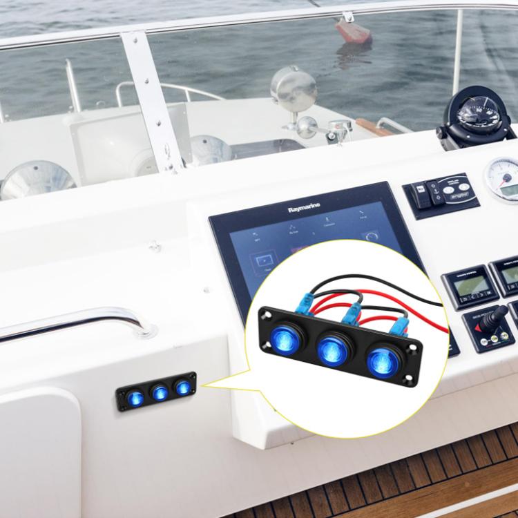 Marine dashboard LED switch panel with blue illuminated round buttons