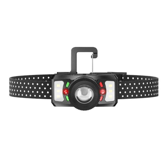 Rechargeable LED headlamp with black headband and central spotlight, side indicator lights
