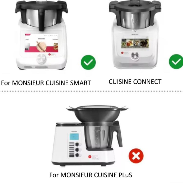 White food processor base with black bowl lid and compatibility check indicators