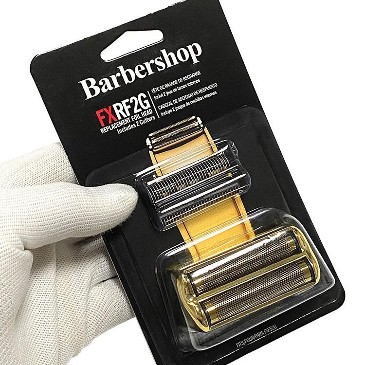 Gold replacement foil shaver head in retail packaging, shown with glove