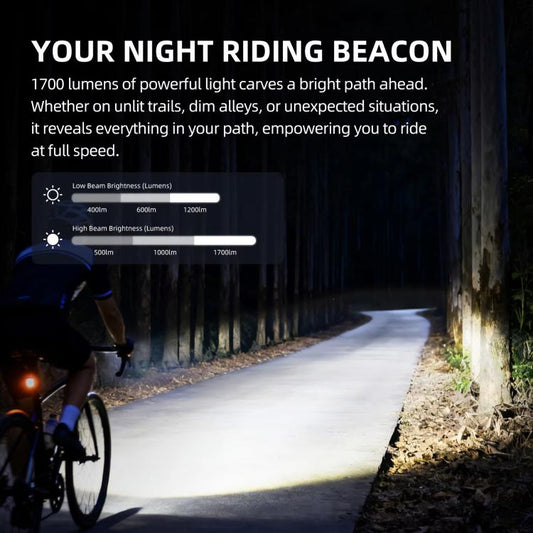 Bicycle night riding headlight flashlight with bright beam projecting down a path.