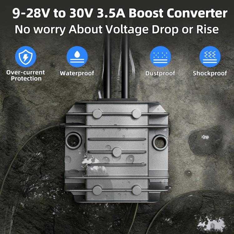 DC boost power converter module with rugged metal housing and cable connections