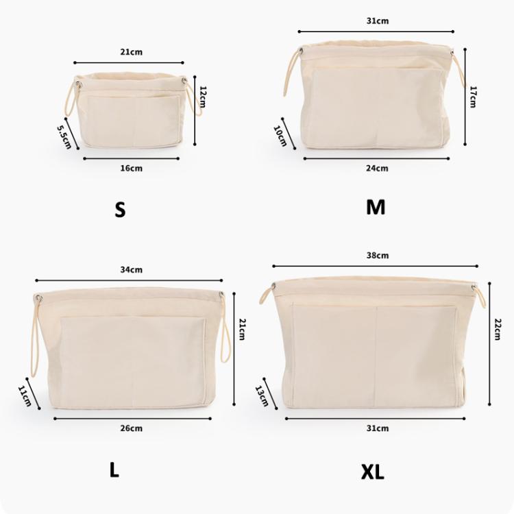 Mini bag organizer insert pouch size chart with dimensions for S, M, L, and XL